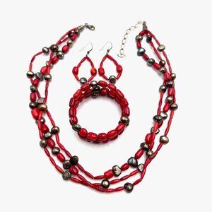 Jay King Mine Finds DTR Sterling Silver Red Coral Necklace, Coil Bracelet & Earr